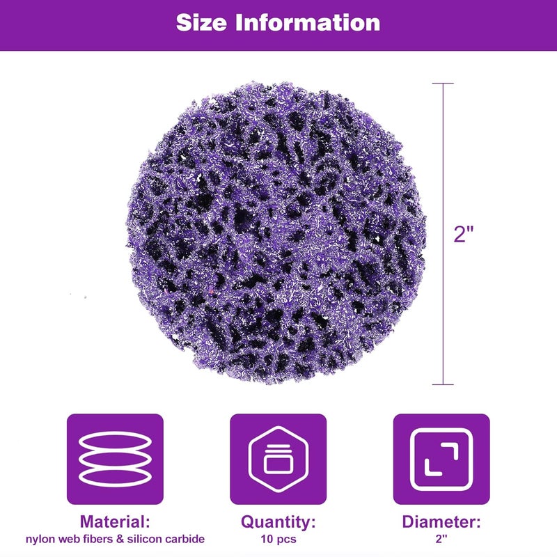 TSOAPX 10 PCS 2" Quick Change Strip Discs, Purple Non Woven Nylon Easy Stripping Discs with Male R-Type Backing, Die Grinder Attachments for Clean Welds Paint Rust Removal Sanding Polishing - Image 2